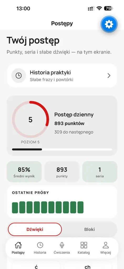 Jak Polak — экран прогресса: уровень, баллы, серия и последние попытки
